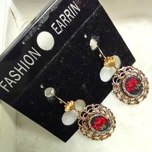 Red Rose Needlepoint Embroidered Style French Clip Earrings